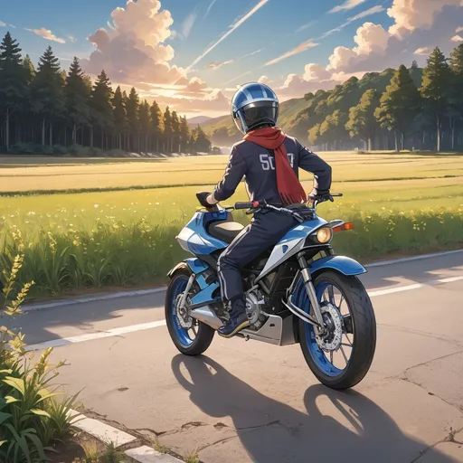 Prompt: Nestled along a quiet stretch of rural road, a motorcyclist pauses atop a sleek, colorful bike, which boasts a striking green and black design. Clad in casual attire complemented by a helmet and a scarf, the rider is positioned confidently by their motorcycle, which carries a large blue duffel bag secured on the back. The scene is bathed in soft, natural light under a sky sprinkled with wispy clouds, hinting at a warm, clear day. Surrounding them is a lush expanse of golden rice fields, flanked by distant trees and power lines that underscore the serenity of the setting. The composition conveys a sense of adventure and freedom, inviting onlookers to imagine the open road ahead and the journeys yet to unfold.