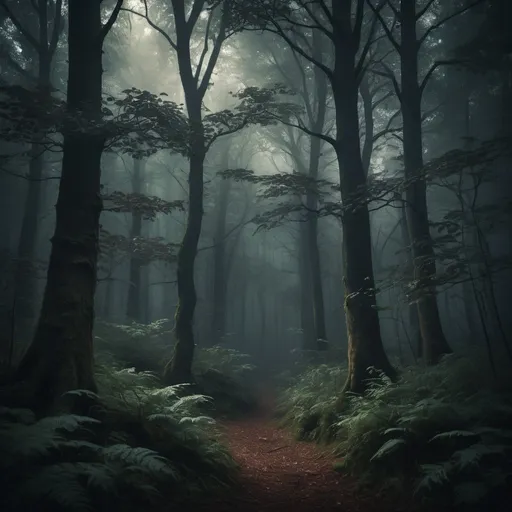 Prompt: Detailed, high-res photo of a dark forest, moody atmosphere, misty and mysterious, dense foliage, towering trees, eerie glow, rich earthy tones, atmospheric lighting, best quality, highres, ultra-detailed, dark forest, moody, mysterious, misty, eerie glow, atmospheric lighting, dense foliage, towering trees, rich earthy tones