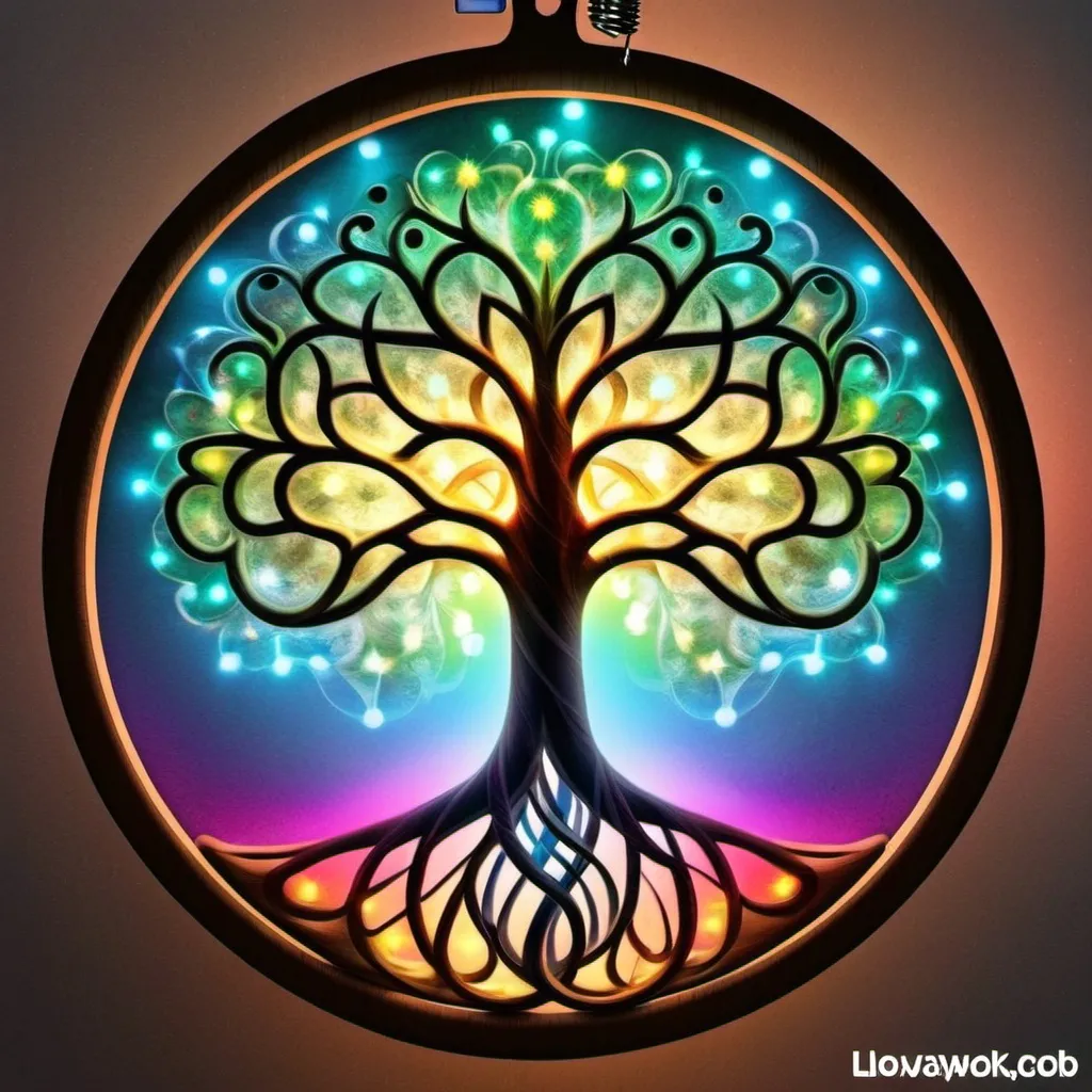 Prompt: Make me image for Pinterest pin with tree of life. Make it colorful with lights effect as a background