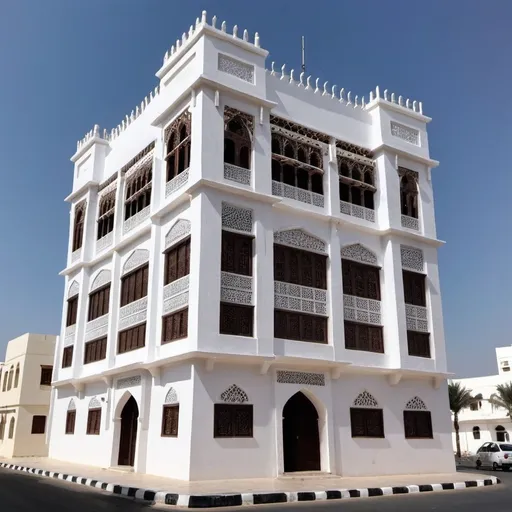 Prompt: A large house similar in style to the Shubra Palace in Ta'if, but in the style of the Farasan Islands. This means that the overall shape of the building is Hijazi in style (like Al-Balad in Jeddah), but the walls are bright white with geometric carvings. The building is five floors high, with each floor (except the top one) and window being identical in appearance from the outside. Each floor has a verandah, which is punctuated in the middle with a mashrabiyah (with bay windows). The windows are tall with white shutters, which are opened to reveal latticework, which has an octagonal geometric patterns. At the top of each window is a transom, above which is a fanlight, which is made up of brightly-coloured geometrical stained glass patterns. At the top of the building is a battlement, with a Najdi-style square pattern.