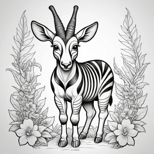 Prompt: MAKE A CUTE COLORING BOOK PAGE OF OKAPI FUL BODY

 IN TATTOO STYLE