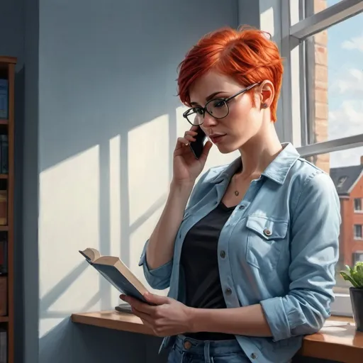 Prompt: 4k , high resolution , digital painting , bright colors , art photography , achromatic colors ,detailed features , office , shelf with book , a woman standing near the window and she is talking on the smartphone  , red hair , short pixie haircut , glasses , light blue small jacket , black crop top shirt , off white long pants , the woman is 38 years old , she is powerful , confident , good composition , face expressions , tough face , opened window shining through the woman 