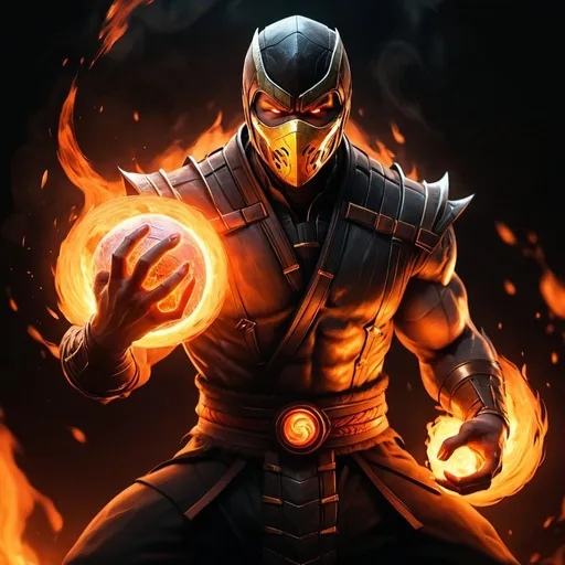 Prompt: high resolution ,4k , fantasy  ,dark colors ,hell , lava , digital painting , illustration , hyper realism , mortal kombat ,
 , scorpion stands in fighting stance, an magical fire ball , the fire ball is in the air , dynamic fire ball ,
white glowing eyes , the fire  reflects yellow aura around scorpion's hands and shines scorpion's face , low angle shot , show full body , 