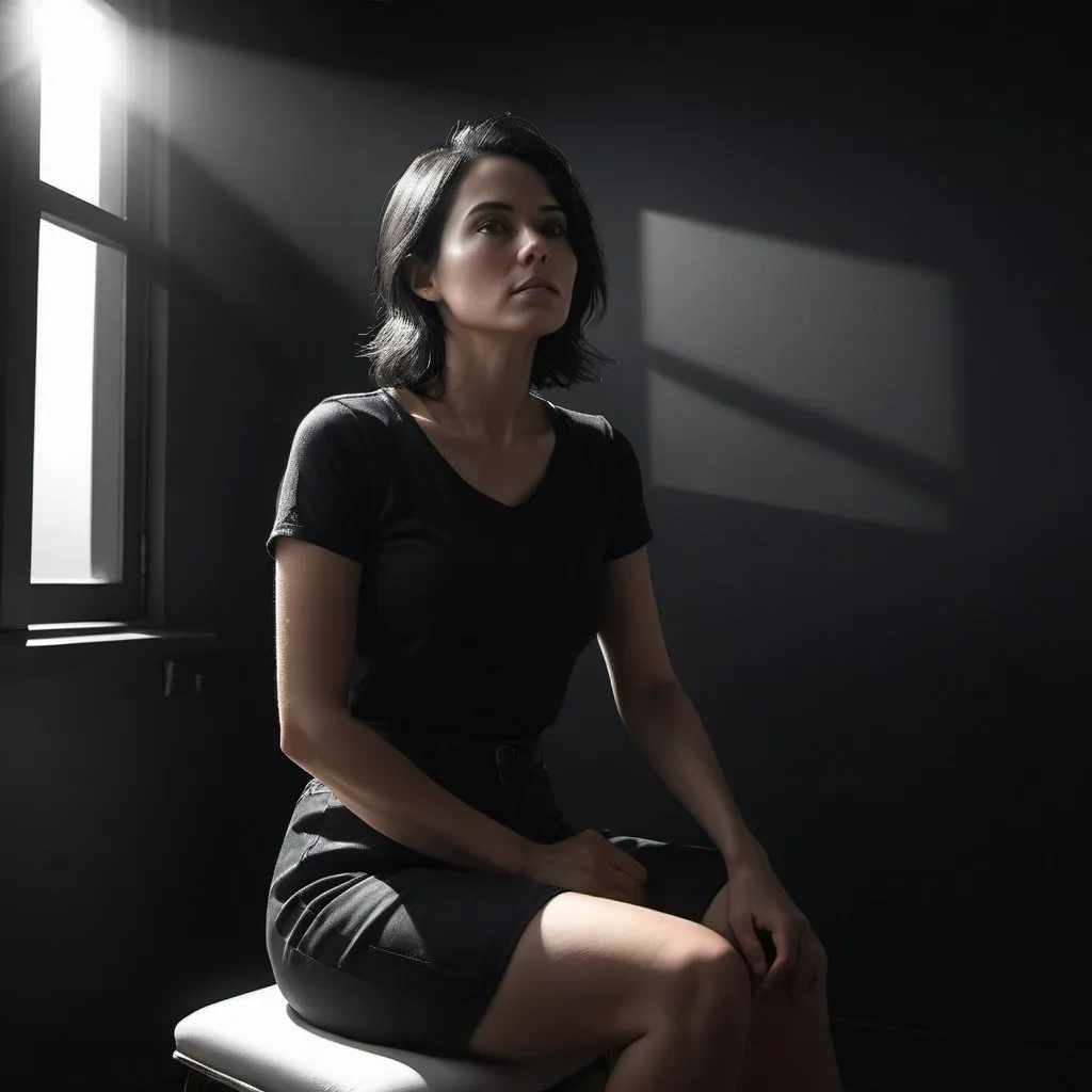 Prompt: low-angle of digital painting of a 35 years old woman in a dark room,she is sitting on white chair , black wall , sunlight streaming through a window, black hair, black short shirt, black short pants, ,achromatic colors, 4k, high resolution, art photography, modeling pose, intense lighting, dramatic shadows, professional, detailed, atmospheric lighting , legs