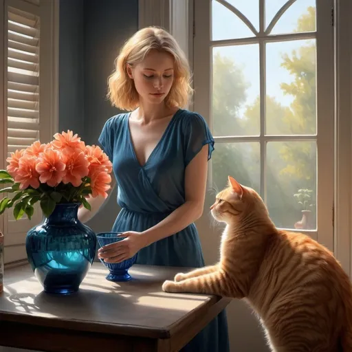 Prompt: 4k , high resolution , detailed , digital painting , realistic painting , dark room , window shutters,woman, a blue transparent vase on table , coral flowers on vase ,
a blonde woman holds ginger cat on her hands near to the vase,
sunlight shines the room