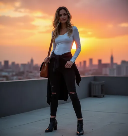 Prompt:  A stylish woman, dressed in a white long-sleeved tank top and black skinny jeans, stands confidently on a rooftop at sunset. Her black ankle boots add a touch of edge to her outfit, while a brown leather crossbody bag hangs casually at her side. A black jacket is tied around her waist, The sky is painted with vibrant hues of orange and pink as the sun dips below the horizon, casting a warm glow on her figure. The city skyline stretches out behind her, silhouetted against the colorful sky, creating a dramatic backdrop. The scene captures a moment of tranquility amidst the bustling city, with soft light illuminating her features.