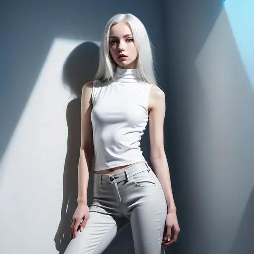 Prompt: (light and shadow)(futuristic), woman in a (white unique sleeveless shirt ,gray tight pants) (white long hair, pale skin) ,silver aesthetic wall, ,(fashion photography),(artistic shot),  contemporary fashion shoot, character portrait,soft blue light illuminate the area  ,innovative design elements, ,vibrant color contrasts, artistic composition, high-quality, ultra-detailed, expressive pose, unique style, modern aesthetic.