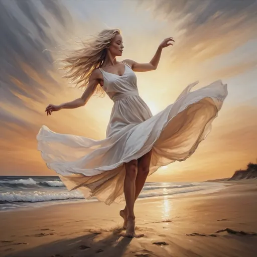 Prompt: 4k ,oil painting , high resolution ,artistic, achromatic colors , sea , sunset , sand , a woman is dancing,dramatic dance ,good mood, fun,joy, white cream short dress , blonde long hair  ,dynamic, dress moves while dancing , low angle shot , , good composition , strong wind , 