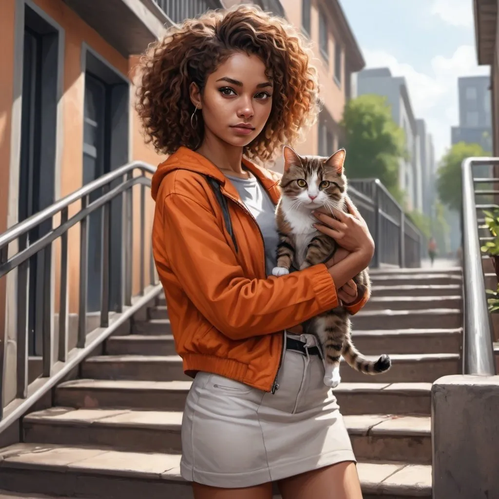 Prompt: 4k , high resolution , detailed , digital painting , realism , sidewalk ,urban , a woman stands holds cat on her hands near stairs with railing , curly hair,brown skin ,she wears brownish orange jacket , white crop top shirt , gray miniskirt , 