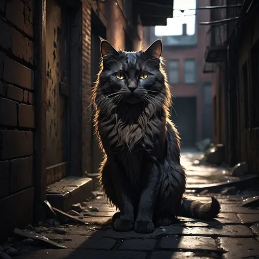Prompt: 4k , high resolution , dark colors 
Dramatic cat illustration in neglected alley, intense lighting, urban decay, dark and moody, detailed fur with dramatic shadows, abandoned environment, high quality, digital painting, dramatic lighting, neglected urban setting, dramatic atmosphere, 