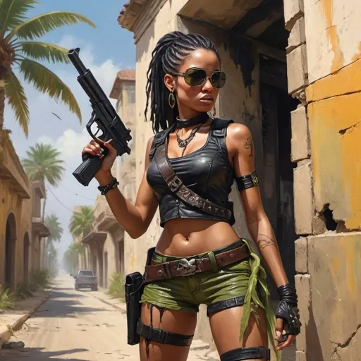 Prompt: 4k , high resolution , bright colors ,oil painting,fantasy, action ,road,palm trees,old building,cracked walls, a female bounty hunter stands near wall tree  ,she aims a gun ,fighting pose, black braid hair , black skin , sunglasses , mirrored lens,olive shorts, leather black crop top shirt , bandolier , skull logo , close up