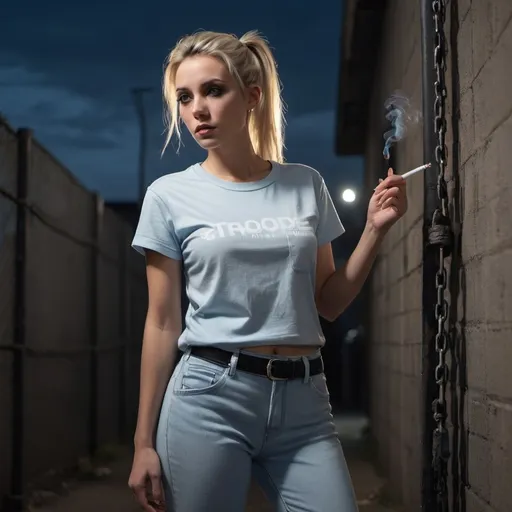 Prompt: photorealistic, (4K), (high resolution), nighttime street scene, (dramatic colors), (grim lighting), pole, chain link fence nearby, (low angle shot) of a woman standing against the wall and holding a cigarette , light illuminating her, dressed in a light blue t-shirt and black training long pants with white stripes on the pants , blonde hair , ponytail , grim mode , dramatic smoke