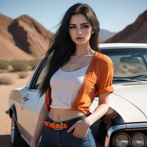 Prompt: 4k, high resolution, digital painting, art photography ,glamour photography ,detailed features, desert settings , mountains ,dark colors ,
a woman leaning against white car in modeling pose  ,black long hair,pale skin,orange crop top shirt ,blue skinny jeans ,white belt, dramatic lighting, intense emotion, somber atmosphere, gritty, raw, emotional, detailed, dark tones, , high quality,  detailed face , low angle shot , legs