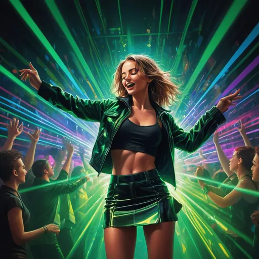 Prompt: High-quality digital art of a woman (black jacket,miniskirt) dancing in a club, vibrant green laser beams illuminating her skin, creating a dynamic and energetic atmosphere. The background features a colorful, lively nightclub scene filled with pulsing lights and an excited crowd, evoking a sense of exhilaration and nightlife. Ultra-detailed, cinematic lighting enhances the vivid colors and movement, emphasizing the joy and freedom of dance.
