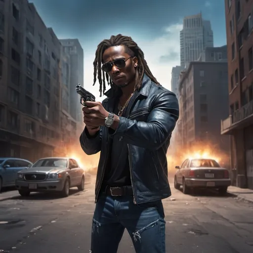 Prompt: A man standing  and  holding a pistol he is pointing the pistol at the viewer , urban settings, black skin, mirrored lens sunglasses, dreadlocks, opened black jacket, muscular body, blue jeans, (illustration), (high resolution), dramatic lighting, somber atmosphere, detailed background with city buildings and streets, dark color tones, realistic art style, ultra-detailed,explosion in the background , dramatic lights around the man 