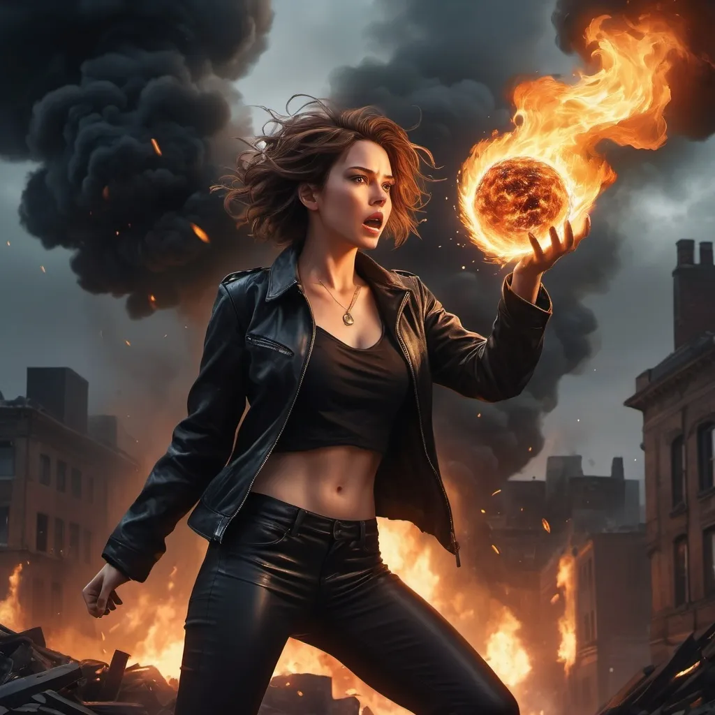 Prompt: a woman throwing a fire ball in her hand ,dynamic throwing  pose,  ,fire lighting reflections caused by the fire ball  ,she is standing on  rooftop ,strong wind blows the woman's hairs and big coat ,fantasy,ruined city ,destruction    ,big necklace, opened black jacket, black crop top shirt , black leather pants ,short hair , (illustration), (high resolution), dramatic lighting, destruction atmosphere, detailed background ,ruined buildings , dark color tones, realistic art style, ultra-detailed,destruction in the background , fire lighting  around the woman ,low angle shot of the woman  , , close up on the woman , she is yelling 