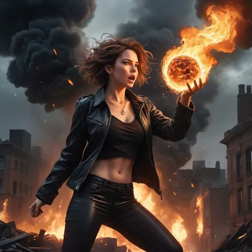 Prompt: a woman throwing a fire ball in her hand ,dynamic throwing  pose,  ,fire lighting reflections caused by the fire ball  ,she is standing on  rooftop ,strong wind blows the woman's hairs and big coat ,fantasy,ruined city ,destruction    ,big necklace, opened black jacket, black crop top shirt , black leather pants ,short hair , (illustration), (high resolution), dramatic lighting, destruction atmosphere, detailed background ,ruined buildings , dark color tones, realistic art style, ultra-detailed,destruction in the background , fire lighting  around the woman ,low angle shot of the woman  , , close up on the woman , she is yelling 