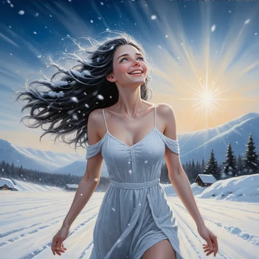 Prompt: 4k,high resolution,detailed,snow field , oil painting ,snowing , cold , frost ,woman touches the snowflakes,she looks up the sky,long black and grey hair , mini white slit dress reveals legs , blue eyes , barefoot , smile , focus on legs , modeling , dark blue sky , sunlight shines the woman , pure 