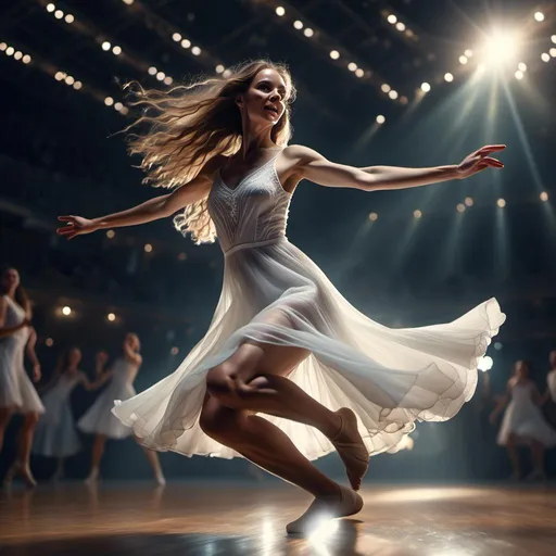 Prompt: <mymodel>
4k  , high resolution,artistic , dark colors  ,photorealistic painting ,digital painting , a woman in short white dress is dancing on dark stage , close up , the stage's lights shine on the woman , dynamic , dramatic dance , low angle shot ,