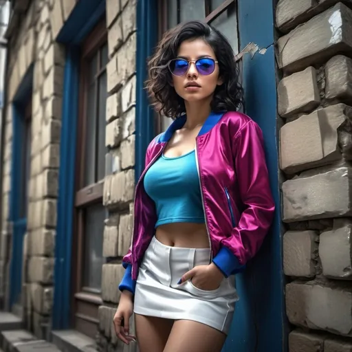 Prompt: neglected building ,old street,cracked stone wall  , a woman leaning against the wall in modeling pose , blue jacket , fuchsia crop top shirt , white , miniskirt , brown skin , curly black hair ,sunglasses , mirrored lens  , close up , 4k , glamour photography , high resolution , digital painting , photorealism , low angle shot , dark colors , art photography 