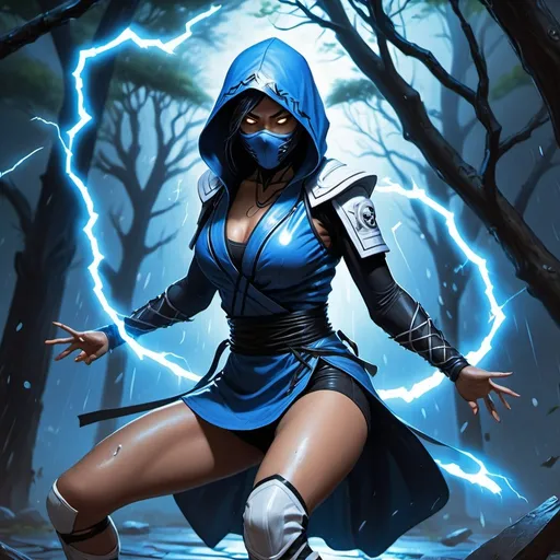Prompt: 4k ,oil painting ,fantasy, high resolution ,artistic,modeling,mortal kombat character , a female ninja throws an thunder magical balls,thunder lights in background ,blue light caused by the thunder,she leans against a tree,black hair,she wears a hood , long blue ninja outfit , white short skirt reveals legs, low angle shot ,focus on legs ,thigh,dynamic , wind ,rain,old chinese temple  , powerful look, throwing stance , angry face ,electric white eyes  , she is screaming , electric aura around the female ninja
