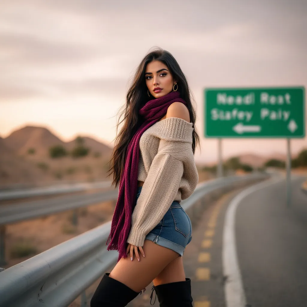 Prompt: high resolution , modeling photography  , 
a full-body photo of a middle eastern woman(low angle shot) with long smooth black hair and long nose , brown eyes , middle eastern face , a off shoulder beige knit sweater with plum scarf , jeans shorts,long black boots  ,she stands in modeling pose the back  focus on legs  ,  there is a safety railing behind her and a  big green sign ,road , desert settings , warm colors , 