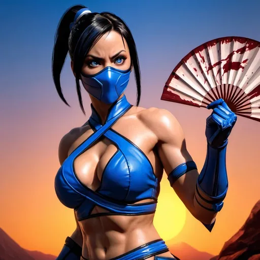 Prompt: 4k,illustration,high resolution,professional,artistic, bright colors ,fighting game, sunset ,modeling  , kitana from mortal kombat video ,low angle shot,modeling,kitana's outfit from mortal kombat 3,focus on legs  ,blue mask covers only her mouth ,  portrait ,she holds a beautiful fan with blades, blood 