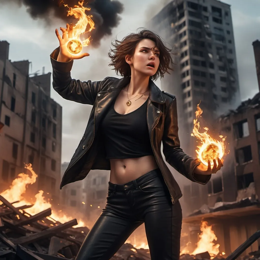 Prompt: a woman throwing a fire ball in her hand ,dynamic pose,  ,fire lighting reflections caused by the fire ball  ,she is standing on  rooftop ,strong wind blows the woman's hairs and big coat ,urban settings,fantasy,ruined city ,destruction    ,big necklace, opened black jacket, black crop top shirt , black leather pants ,short hair , (illustration), (high resolution), dramatic lighting, destruction atmosphere, detailed background ,ruined buildings , dark color tones, realistic art style, ultra-detailed,destruction in the background , fire lighting  around the woman ,low angle shot of the woman  , , close up on the woman , she is yelling 