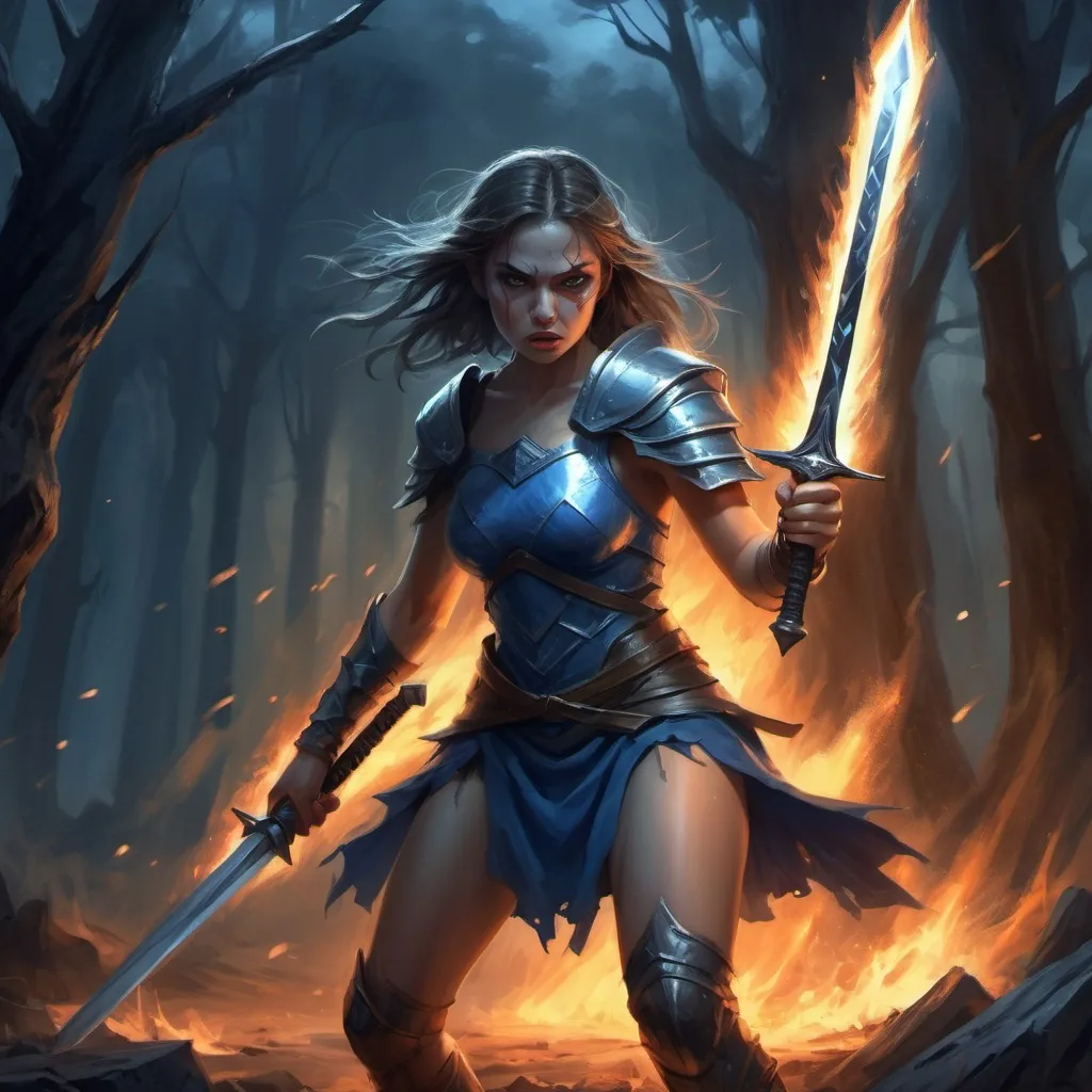 Prompt: a female warrior wearing blue short  dress revealing her legs and thighs , shield on her shoulders ,  she is gripping 2 long sword(magical glowing sword and flamed sword  , fighting stance,  ) ,mystical  burning forest ,ruins, night time , war , horror atmosphere , dramatic , high resolution , digital painting , expressionism , angry face