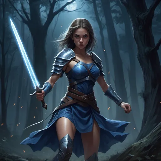 Prompt: a female warrior wearing blue short  dress revealing her legs and thighs , shield on her shoulders ,  she is gripping long sword(magical glowing sword  , fighting stance,  ) ,mystical  forest , night time , war , horror atmosphere , dramatic , high resolution , digital painting