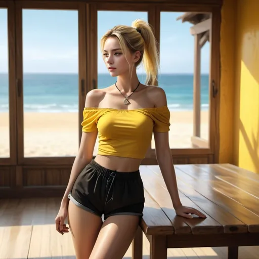 Prompt: a woman , wooden table ,parquet, yellow cup of coffee on the wooden table ,window , beautiful view , sea ,sand, high resolution , 4k , digital painting , realism , the woman wears black shorts , yellow off shoulder top ,blonde hair , ponytail ,necklace , legs , artistic modeling stance , modeling  photography ,light and shadow photography , close up , low angle shot 