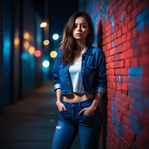 Prompt: A full-body portrait of a woman(jeans) standing near an urban wall at night, illuminated by dramatic red and blue lighting. She leans slightly against the wall with a visibly depressed or introspective expression. Her entire body is visible, from head to toe, with her outfit and posture contributing to the emotional tone. The background features soft bokeh city lights, enhancing the cinematic and moody atmosphere. The focus captures her legs and overall pose, adding depth to the composition