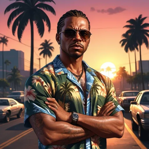 Prompt: 4k , high resolution , detailed , gta style ,dark colors , digital painting , palm tree ,sunset ,light ,road , cars ,outdoor , dramatic atmosphere  ,opened hawaiian shirt, jeans , a black man in the street , tough face , sunglasses , mirrored lens , braids haircut ,muscular figure , crossed hands  , low angle shot  , close up 