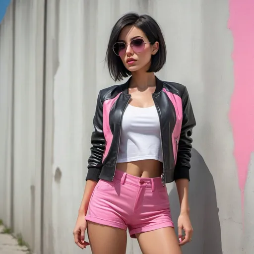 Prompt: 4k , high resolution , detailed , photo,digital painting  , bright colors , realism , artistic ,professional , a woman stands and there is a concrete wall behind her , modeling stance , black hair , bob haircut , opened black jacket , white crop top shirt , pink shorts ,sunglasses ,mirrored lens , pink temple, close up , portrait ,