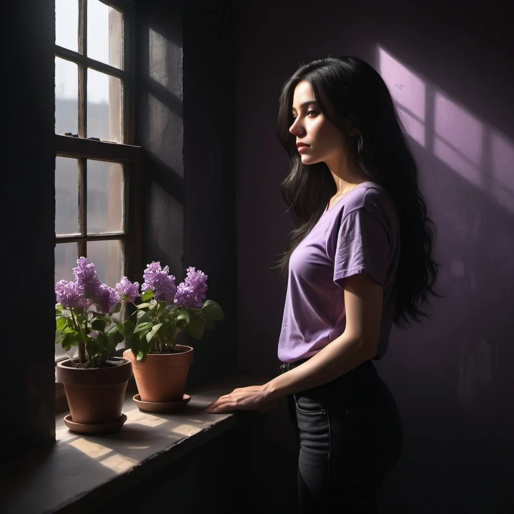 Prompt: a 35 years old woman in a dark room, flowerpot on the windowsill ,she stands far from the window and  close to the wall   ,digital painting  ,black wall, sunlight streaming the woman  through
 a window, black long hair  , lilac t-shirt,black jeans  ,dark colors, 4k, high resolution, art photography,, intense lighting, dramatic shadows, natural light ,professional, detailed features , atmospheric lighting , 