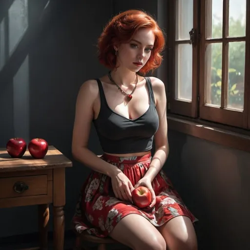 Prompt: 4k , high resolution ,dark colors ,digital painting ,glamour photography , art photography , expressionism, dark room , window with opened shutters ,sunlight shines the woman through the window  , a woman sitting on wooden chair and holding red apple with her hand , red hair ,pale skin, red sleeveless crop top shirt , detailed  gray floral short circle skirt ,necklace , legs , close up ,drama , light and shadow photography , 