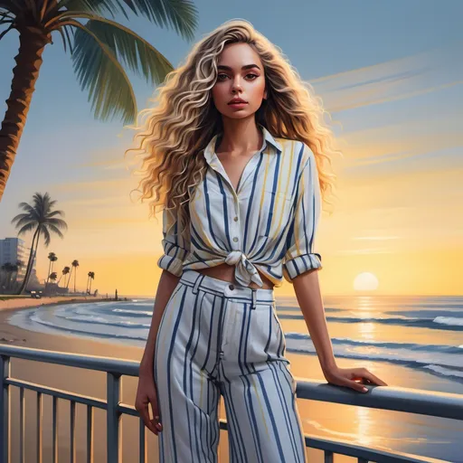 Prompt: a digital painting of a woman ( striped white blue and yellow shirt ,Wide-Leg Trousers ) standing , safety railing behind her and beach in the background with a beautiful sunset and palm tree , long waves hair , fashion photography 