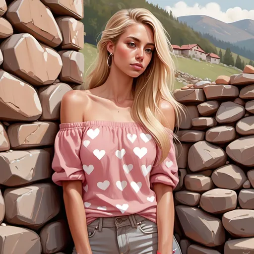 Prompt: digital painting of a woman is wearing off-shoulder pink shirt with patterns (white hearts) , skinny jeans , tanned skin ,long  blonde hair , red nails , she is standing and there is a small dry-stone wall behind her with irregularly shaped stones, with natural colors like beige, cream, and light brown. The stones are stacked and fitted together in a rustic, uneven pattern, creating a natural and organic aesthetic. Small patches of green vegetation grow in the crevices between the stones. , outdoor , sunny day , summer , bright sky  