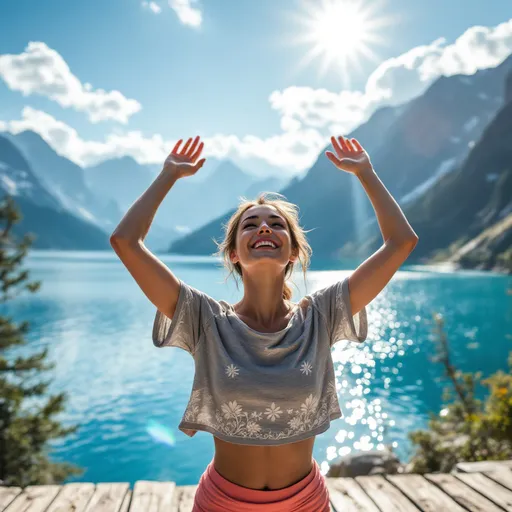 Prompt: A photorealistic scene of a woman looking at the sun and smile while the sunlight shining on her face , she rises her hands up ,weathered wooden ground beside a stunning lake, its surface shimmering under the bright blue sky. Behind her, majestic mountains rise, their peaks partly veiled in soft, wispy clouds.  natural sunlight, casting gentle shadows and highlighting the vibrant colors. She wears a stylish gray crop top shirt adorned with delicate white patterns, paired with coral yoga shorts that add a pop of color. The atmosphere is serene and invigorating, capturing a moment of peaceful harmony with nature, with a crisp, clear sky and a tranquil, mirror-like lake reflecting the surrounding landscape in exquisite detail. Art style: cinematic lighting, photorealistic.