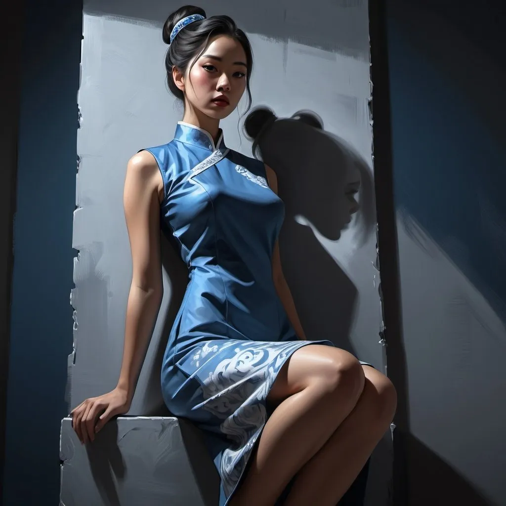 Prompt: 4k , high resolution , digital painting , photorealism , artistic , achromatic grays , dark empty room ,  modeling , a asian woman leans against the wall in modeling pose , hair buns  hairstyle , blue qipao dress , legs , model stance , low angle shot , expressionism , close up 