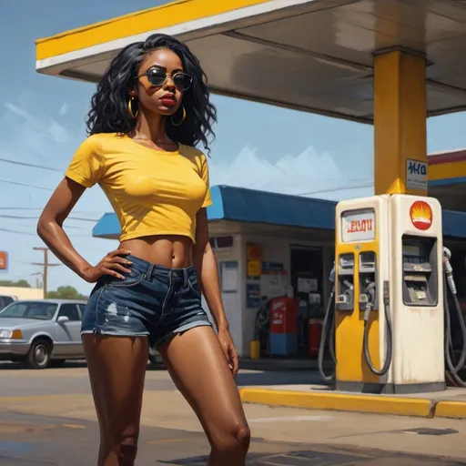 Prompt: 4k,oil painting ,high resolution,expressionism, dark colors  ,sunlight ,sky,modeling ,low angle shot, focus on legs,feet,a black woman ,she stands in gas station , hard attitude , shameless ,long hair ,black hair, yellow crop top shirt , short tight jeans,she wears sunglasses , mirrored lens, good composition , close up , portrait