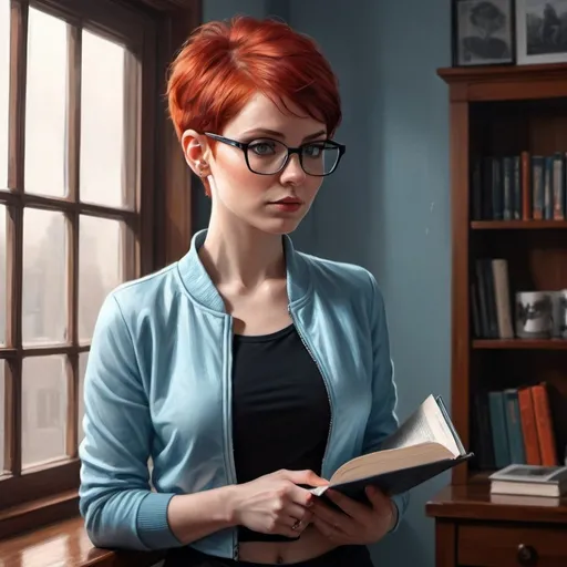 Prompt: 4k , high resolution , digital painting , bright colors , art photography , achromatic colors ,detailed features , office , shelf with book , a woman standing near the window in modeling pose  , red hair , short pixie haircut , glasses , light blue small jacket , black turtleneck , off white long pants , the woman is 38 years old , she is powerful , confident , good composition , face expressions , tough face , opened window shining through the woman 