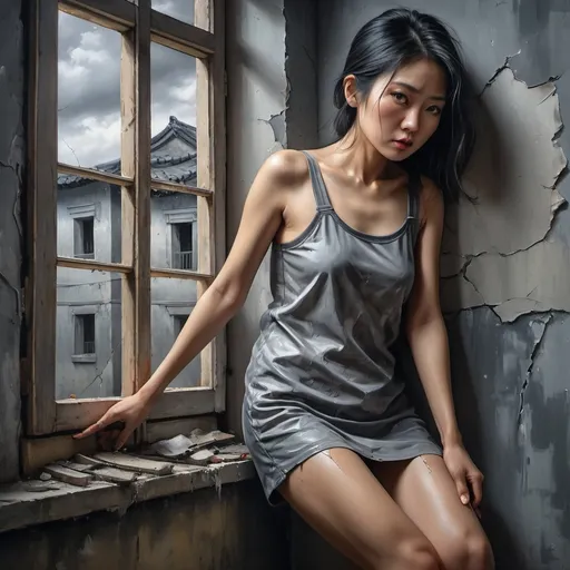 Prompt: 4k , high resolution ,detailed , oil painting , grey themed photo ,poor room with cracked wall ,gray sky, window with shutters , a asian woman is modeling , black hair with some gray hairs, mini slit  grey dress reveals legs , focus on legs
, portrait , expressionism , dark colors   , modeling pose , fashion , unique pose,close up 