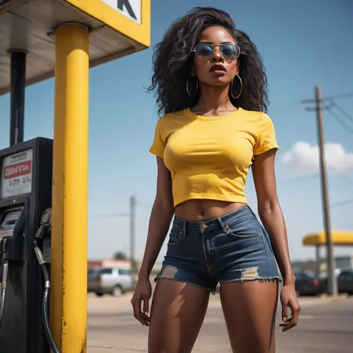 Prompt: 4k,oil painting ,high resolution,professional, dark colors , dynamic stance ,sky,modeling ,full body, a black woman is  a top model ,she is near gas station , hard attitude , shameless ,long hair ,black hair, yellow crop top shirt , short jeans, focus on legs ,she wears sunglasses , mirrored lens, close up , portrait 