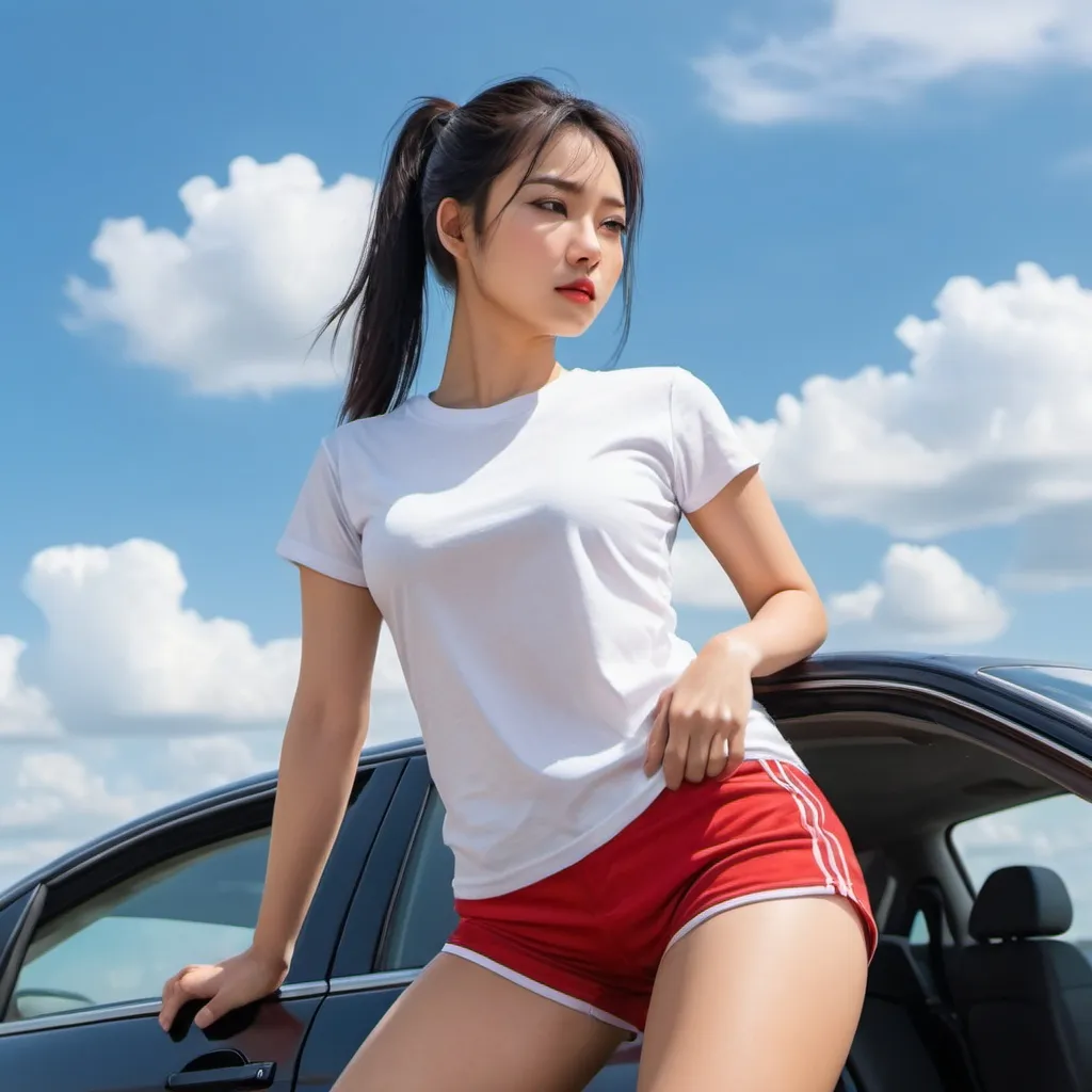 Prompt: 4k,oil painting ,high resolution,professional, bright colors , blue sky,modeling , law angle shot,show all body, a asian woman is modeling  ,she gets off a car,ponytail haircut,black hair, red sports shorts, white t-shirt ,focus on legs , close up , portrait , modeling pose 