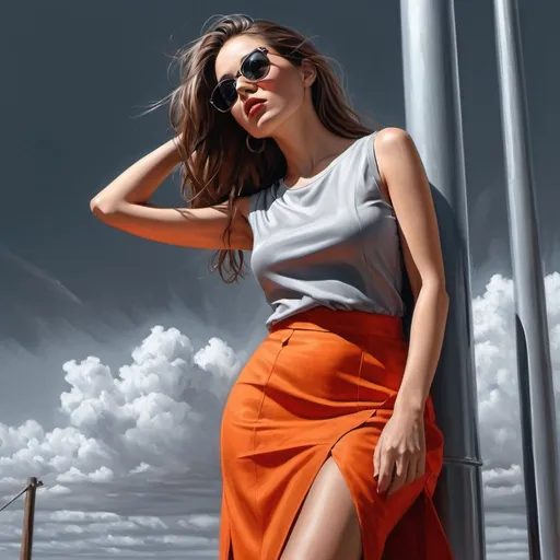 Prompt: 4k,oil painting ,high resolution,professional, Achromatic grays ,light and shadow , sky,modeling ,low angle shot,  a woman is modeling  ,she is leaning against pole,long shag haircut,brunette hair,detailed  long orange slit skirt ,sleeveless red buttoned shirt ,focus on legs ,she wears sunglasses , mirrored lens, close up , portrait , wind