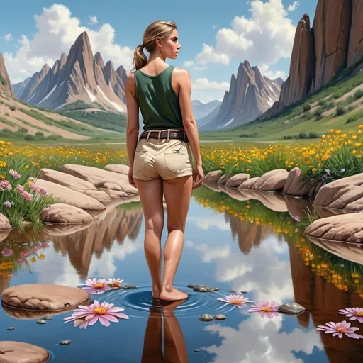 Prompt: 4k , high resolution  , photorealistic painting ,artistic  , nature , blue sky  ,mountain ,woman stands on reflecting puddle  , flowers,rock, short beige pants with belt ,dark green tank top , close up , modeling , model stance , summer , hot , unique pose ,