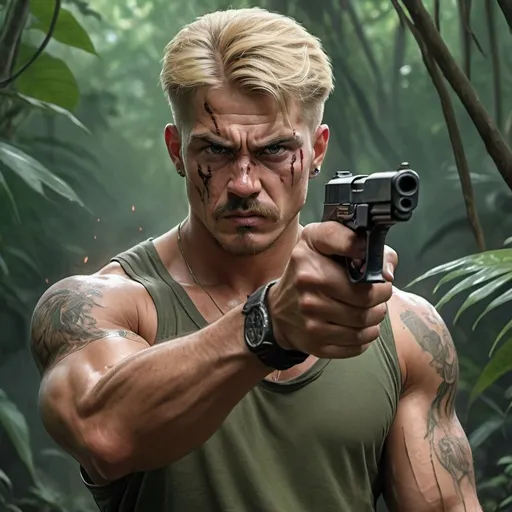 Prompt: 4k , high resolution , detailed , digital painting ,professional , action movie, dark colors , jungle , a man , he holds a pistol and aims it , green undershirt , army pants , mullet hairstyle , blonde hair , the parted pencil mustache , muscular , aim stance ,badass look , tattoo of skull on his arm , angry face , teeth expose , wounds on his face , full body  