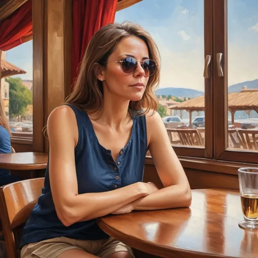 Prompt: 4k, high resolution,detailed, oil painting, a beautiful woman is sitting in restaurant, she is 45 years old, window , beautiful view, wooden round table , red curtain, the woman wears dark blue  sleeveless shirt , beige cargo shorts , long brown hair , sunglasses, mirrored lens , rounded body, camera angle view from the side 