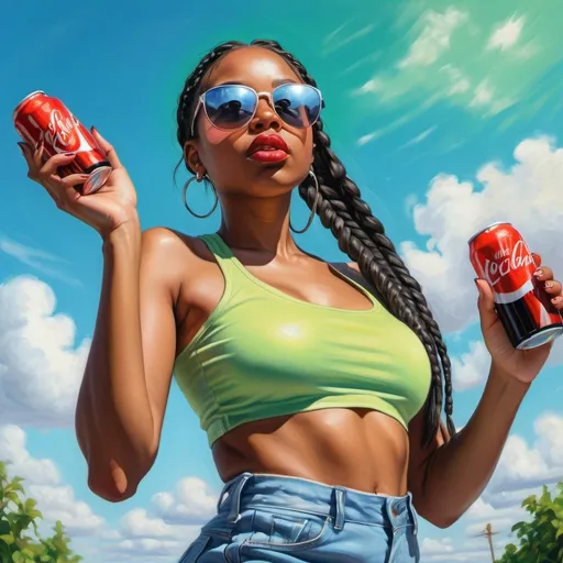 Prompt: 4k,oil painting,high resolution,professional, bright colors , blue sky,modeling , a black woman is modeling  ,she is standing and drinking coca cola,long braids haircut,black hair, green miniskirt  ,focus on legs ,she wears sunglasses , mirrored lens, close up , portrait , view from the ground , low angle shot